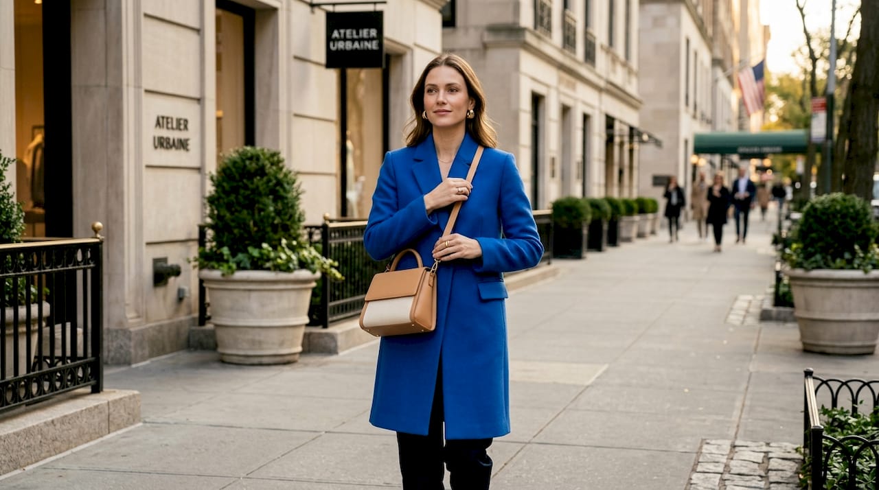 Model showcasing NYC luxury fashion on city street