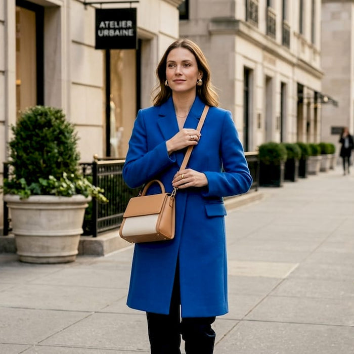 Model showcasing NYC luxury fashion on city street