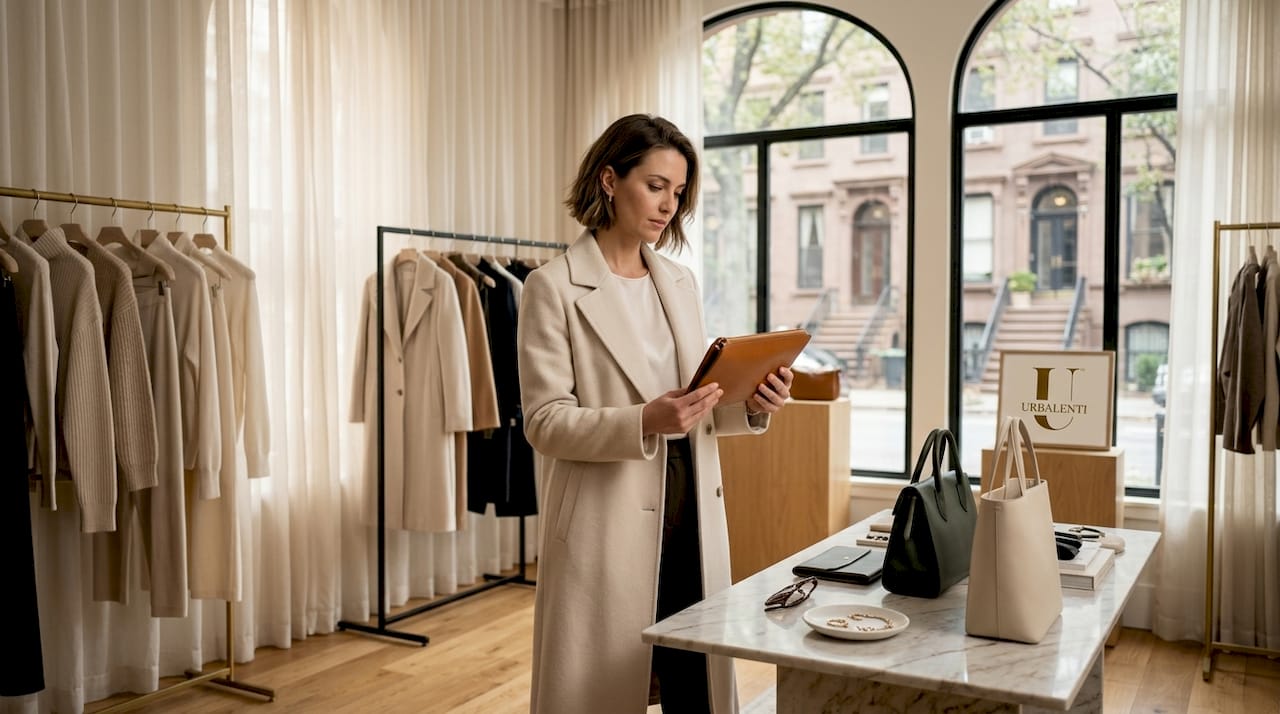 Shopper examining luxury curated designer fashion in NYC boutique