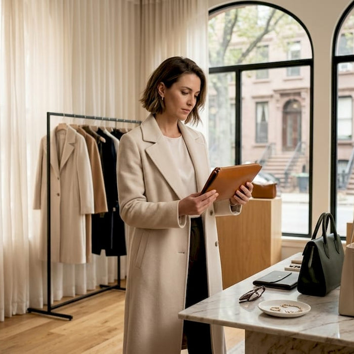 Shopper examining luxury curated designer fashion in NYC boutique