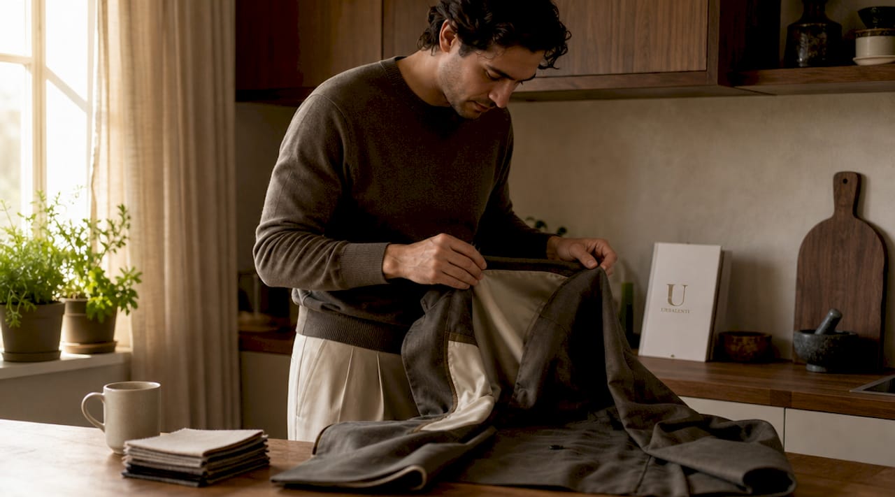 Person inspecting authentic designer jacket indoors