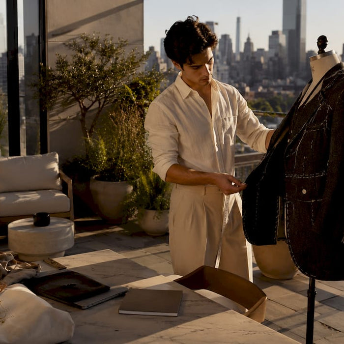Designer inspecting jacket in New York studio