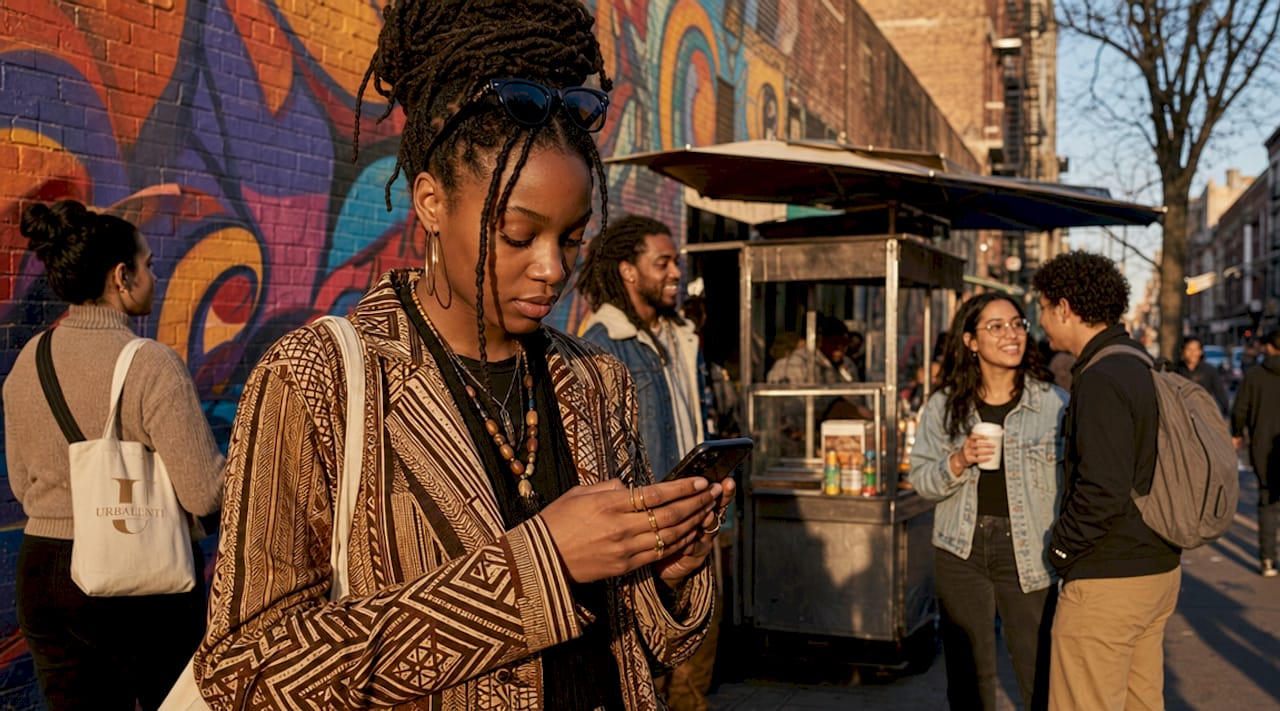 Woman in diverse NYC streetwear attire outdoors