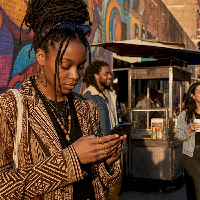 Woman in diverse NYC streetwear attire outdoors