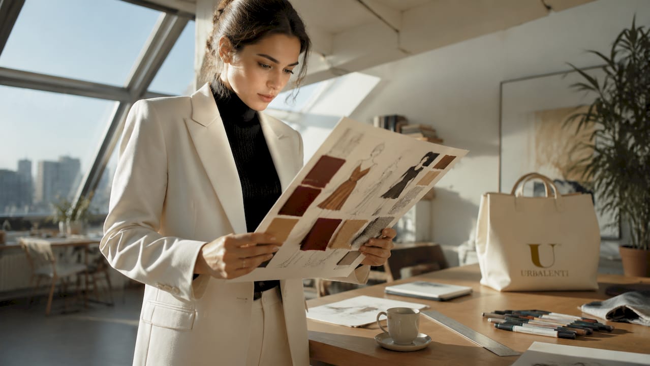 Designer reviewing luxury fashion portfolio