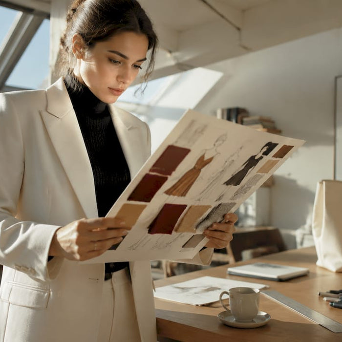 Designer reviewing luxury fashion portfolio