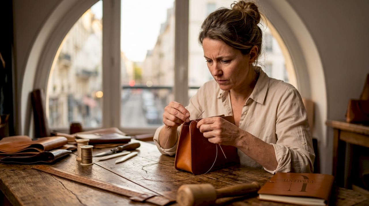 Artisan hand-stitching luxury leather handbag