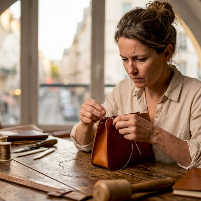Artisan hand-stitching luxury leather handbag
