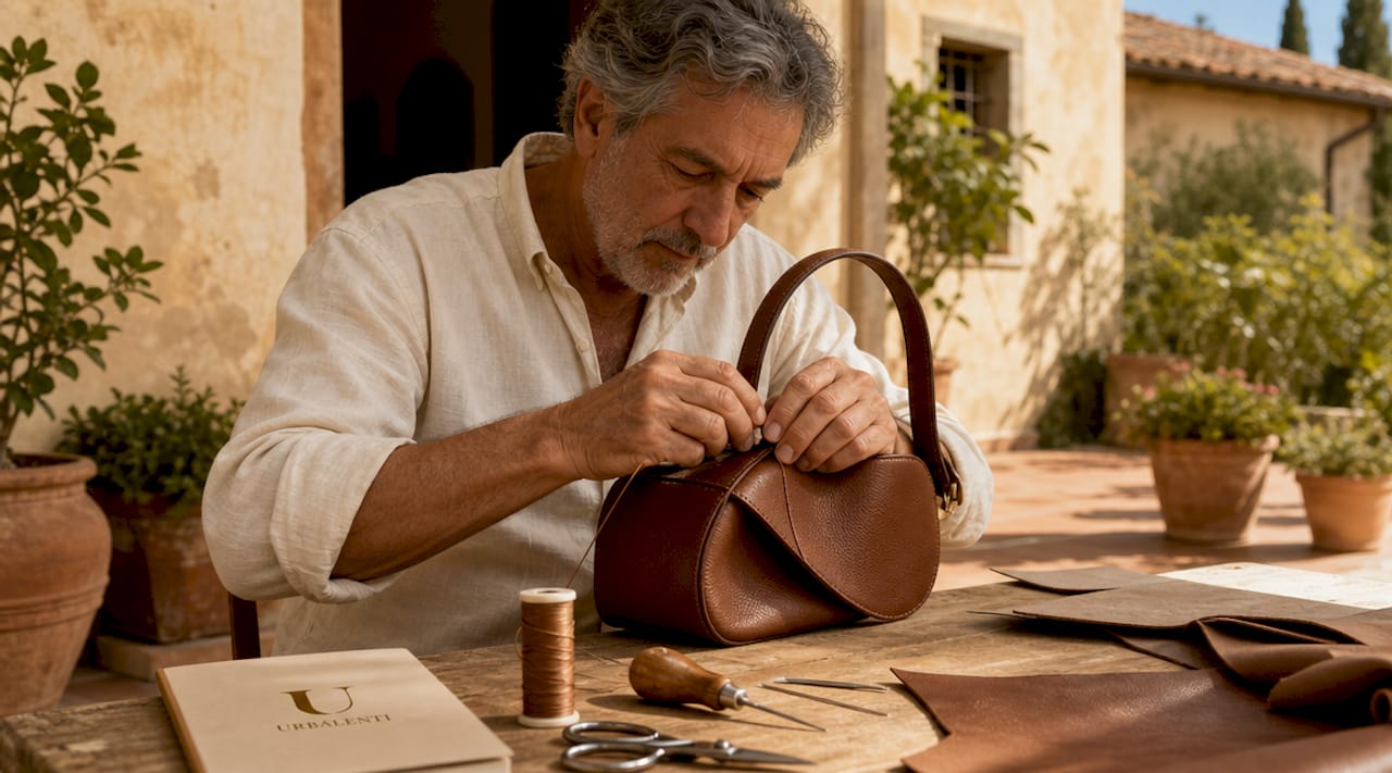 Artisan sewing Italian leather handbag