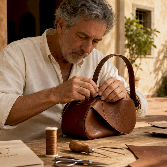 Artisan sewing Italian leather handbag