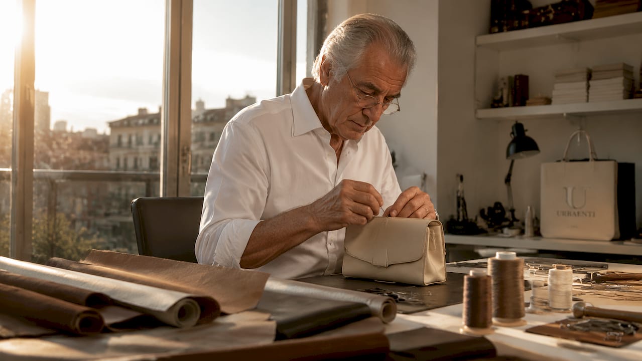 Italian artisan hand-stitching leather handbag in workshop