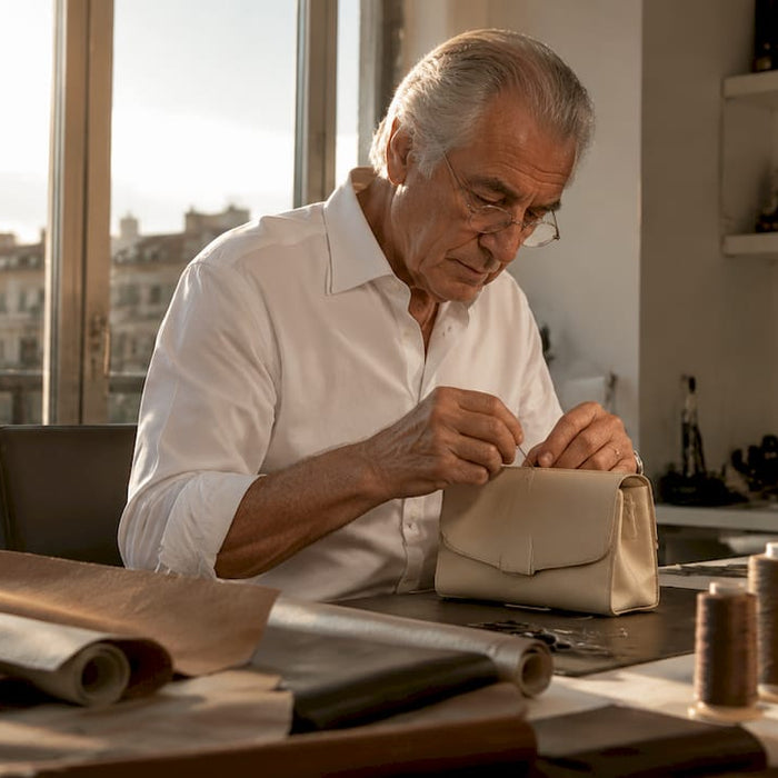 Italian artisan hand-stitching leather handbag in workshop