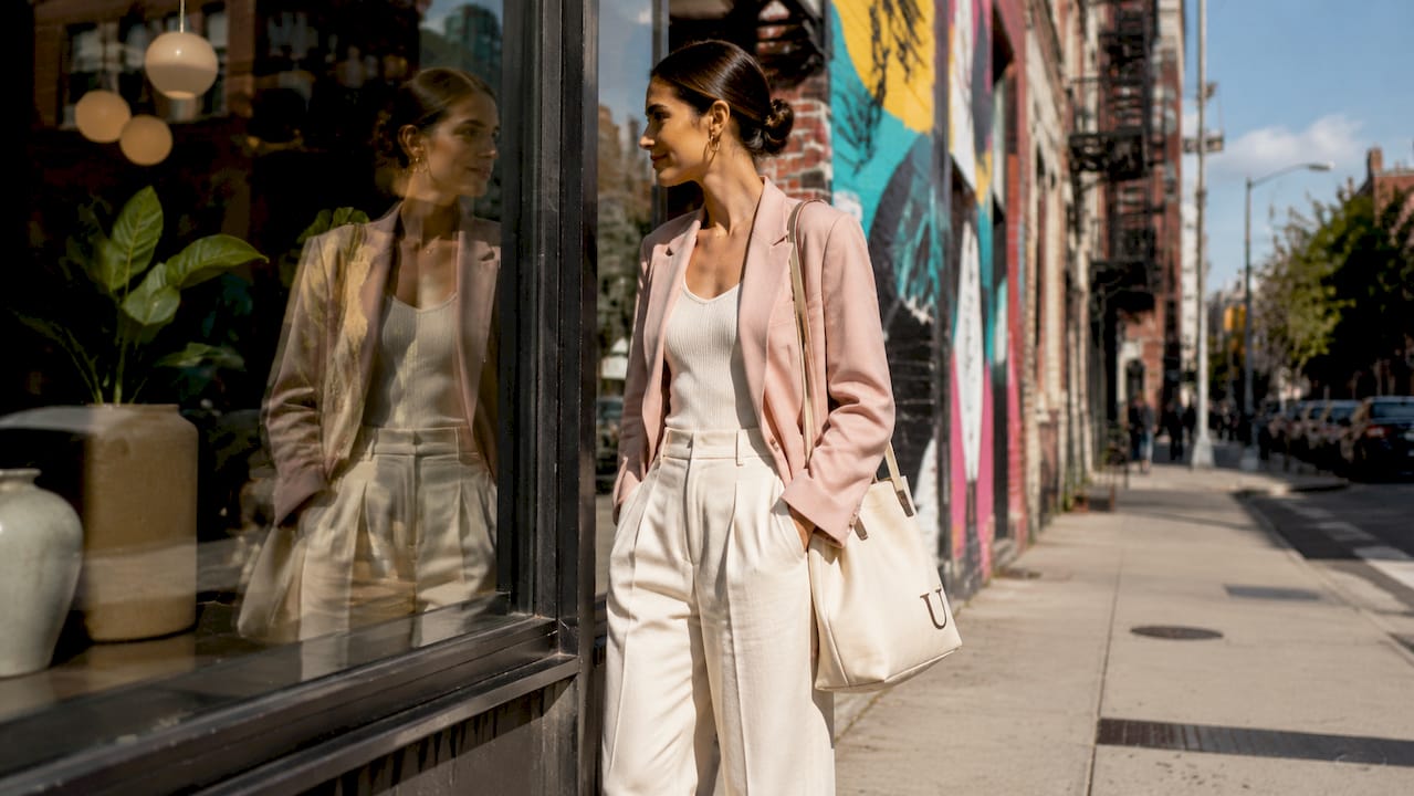 Stylish woman in architectural silhouette fashion on NYC street