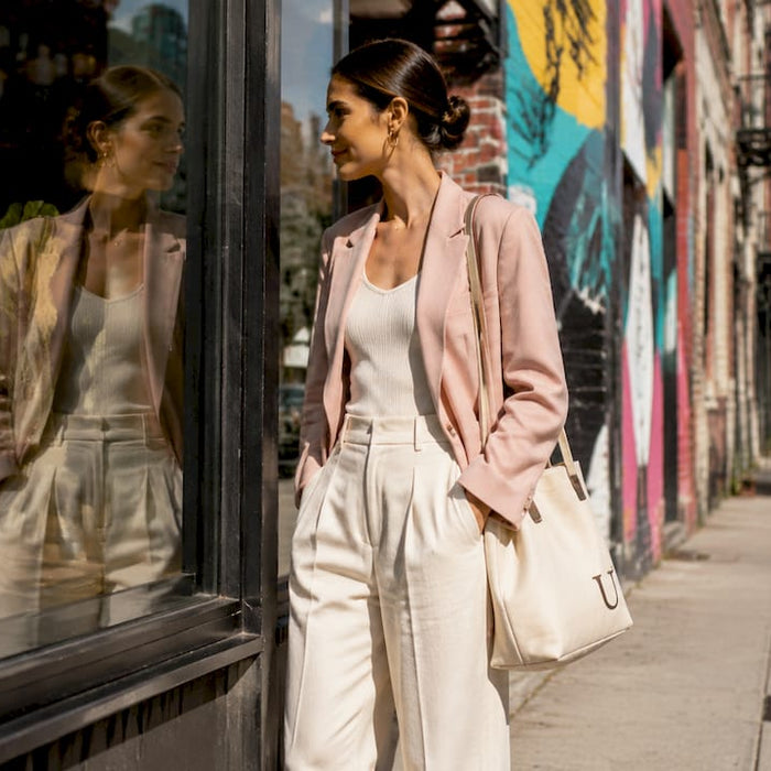 Stylish woman in architectural silhouette fashion on NYC street