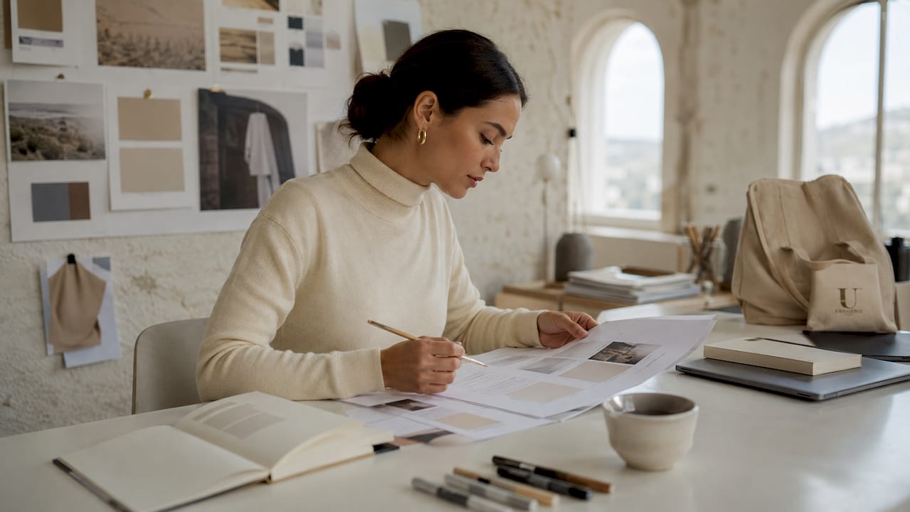 Brand strategist reviewing branded materials at desk