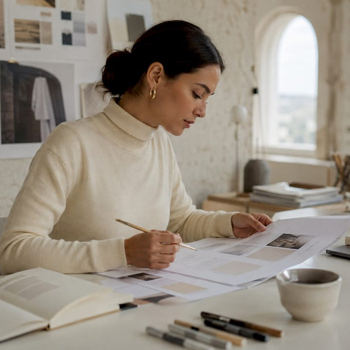 Brand strategist reviewing branded materials at desk