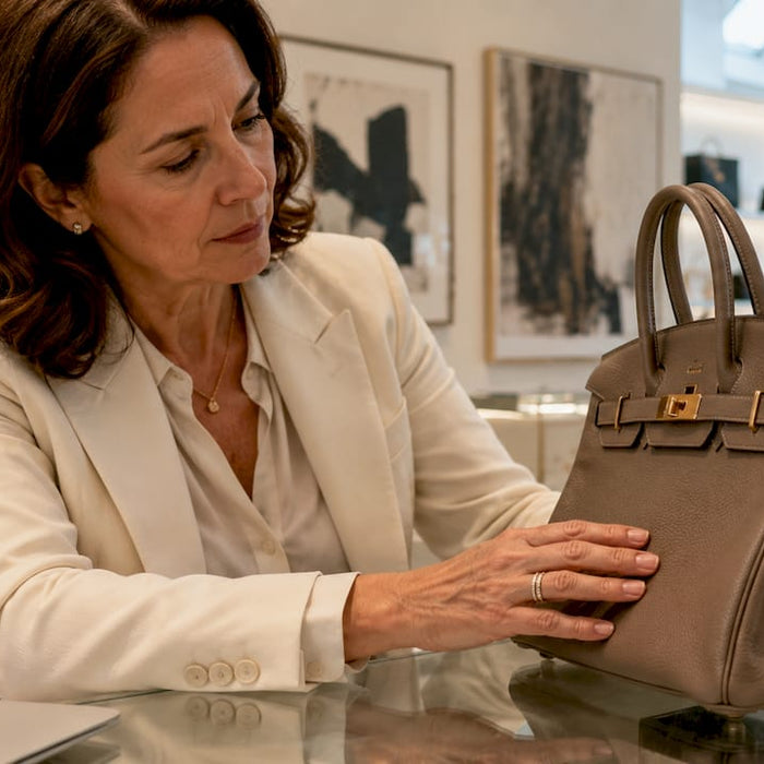 Woman inspecting luxury handbag in boutique office
