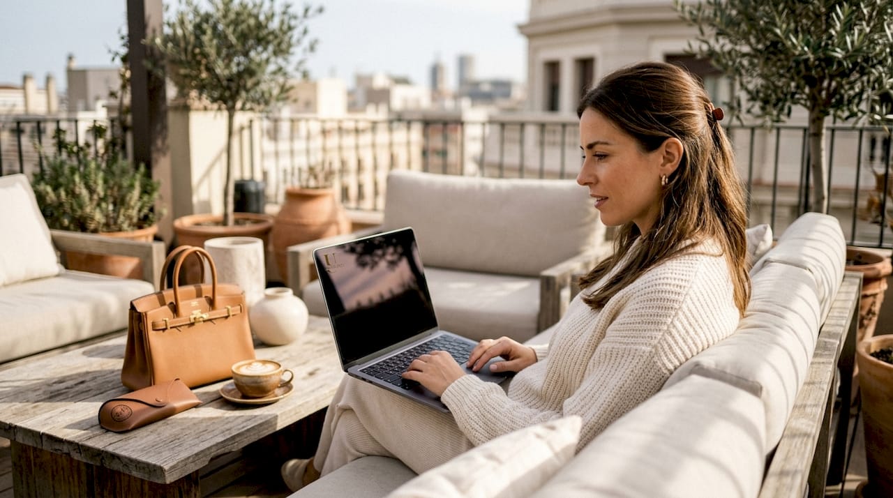 Woman browsing luxury fashion marketplaces online