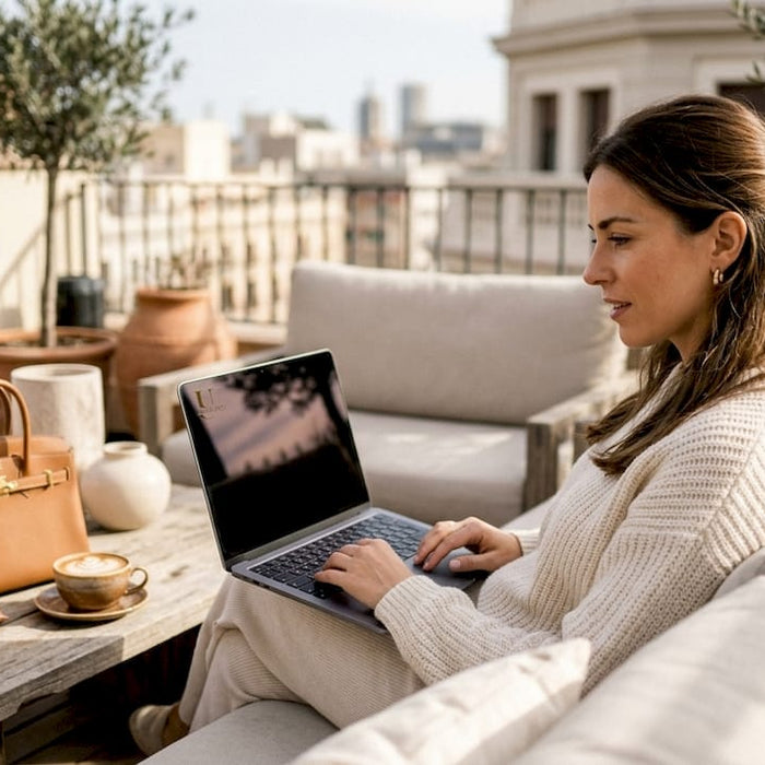 Woman browsing luxury fashion marketplaces online