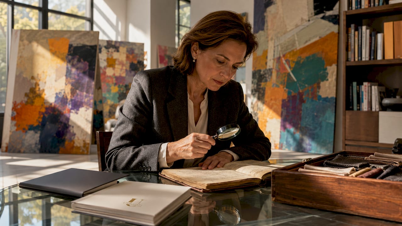 Curator examining luxury brand heritage ledger