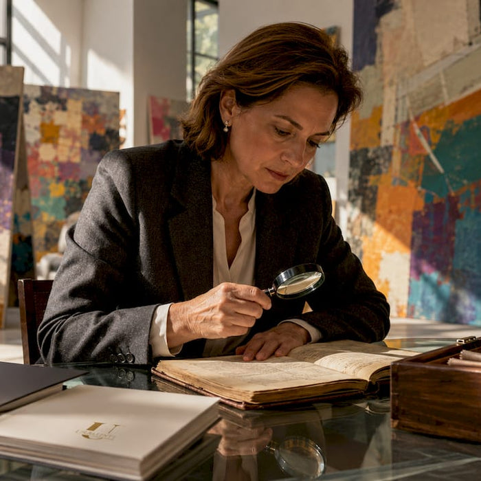 Curator examining luxury brand heritage ledger