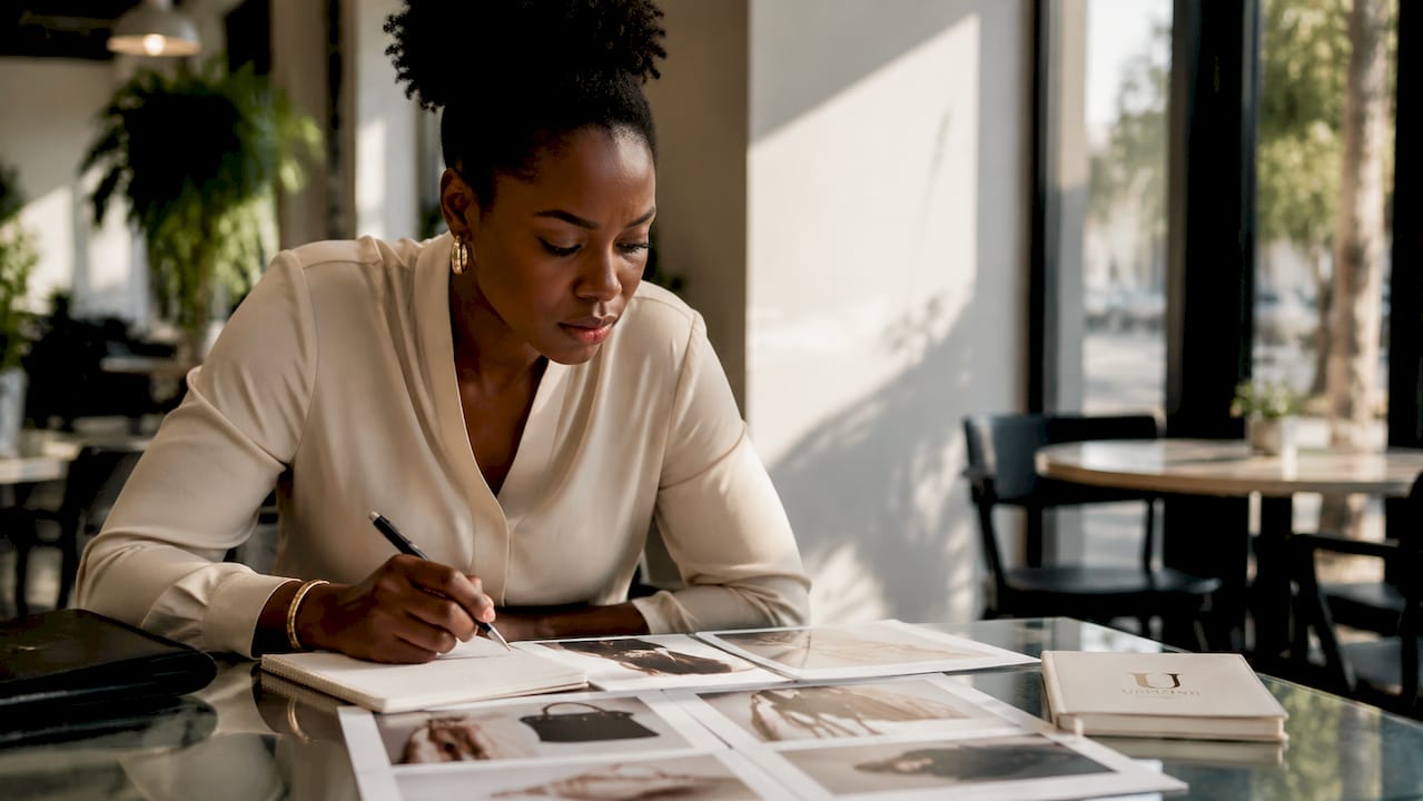 Woman analyzing luxury brand pricing documents