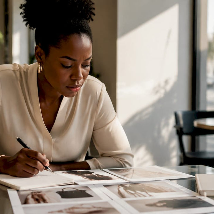 Woman analyzing luxury brand pricing documents