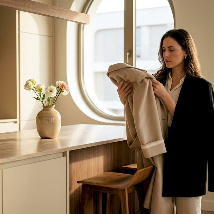 Woman choosing luxury garments in elegant closet