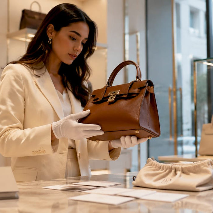 Woman examining limited edition luxury handbag
