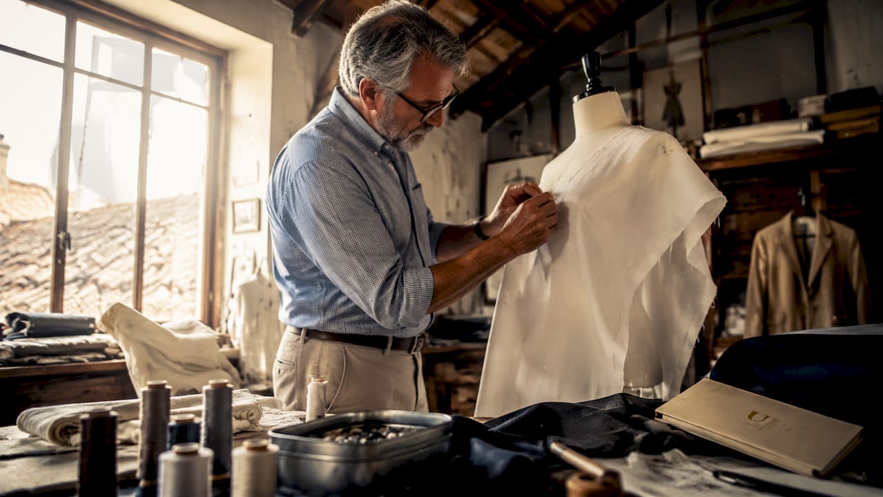 Tailor working on fabric in Milan atelier