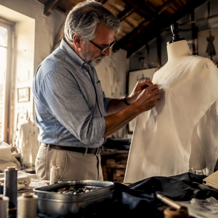 Tailor working on fabric in Milan atelier