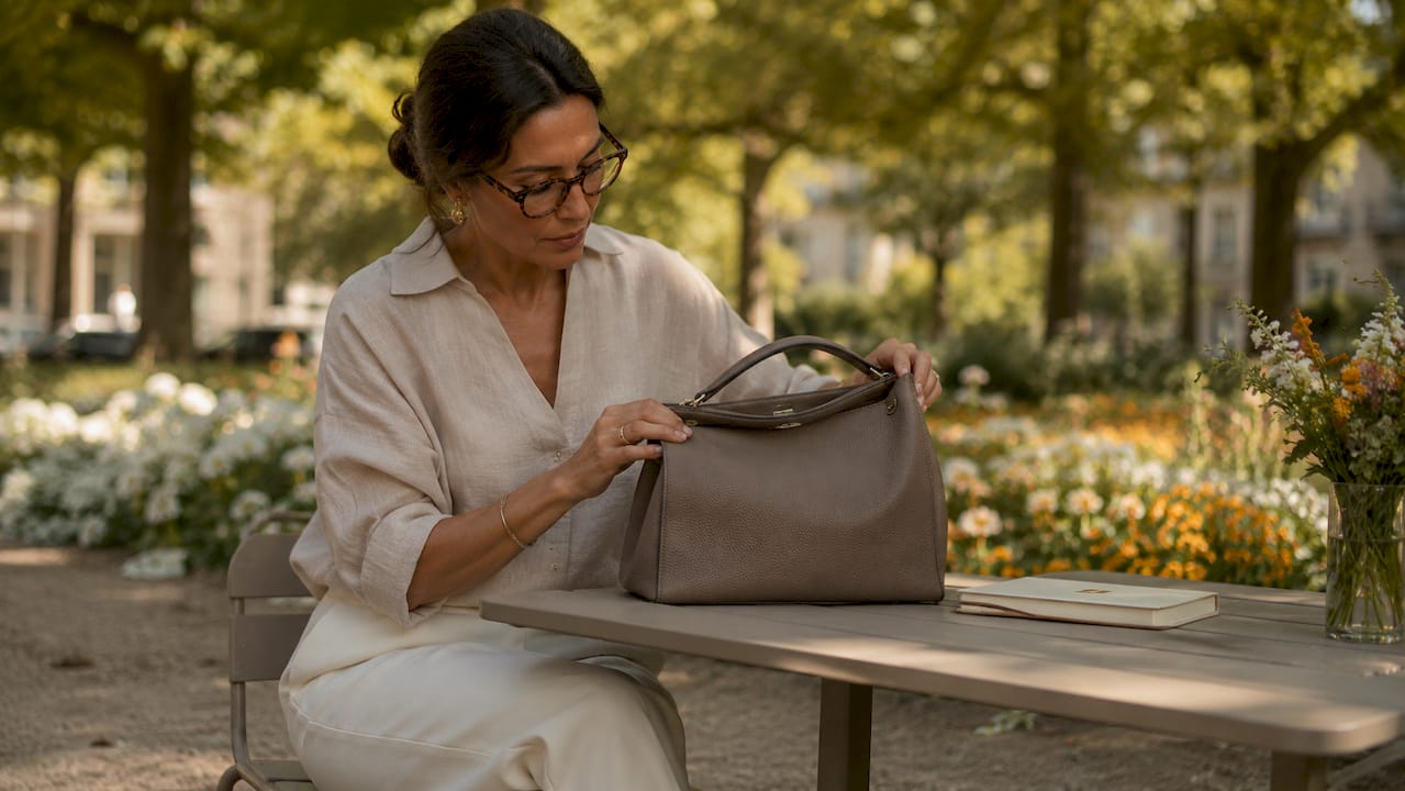 Woman inspecting luxury handbag authenticity