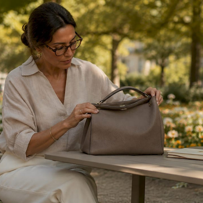 Woman inspecting luxury handbag authenticity