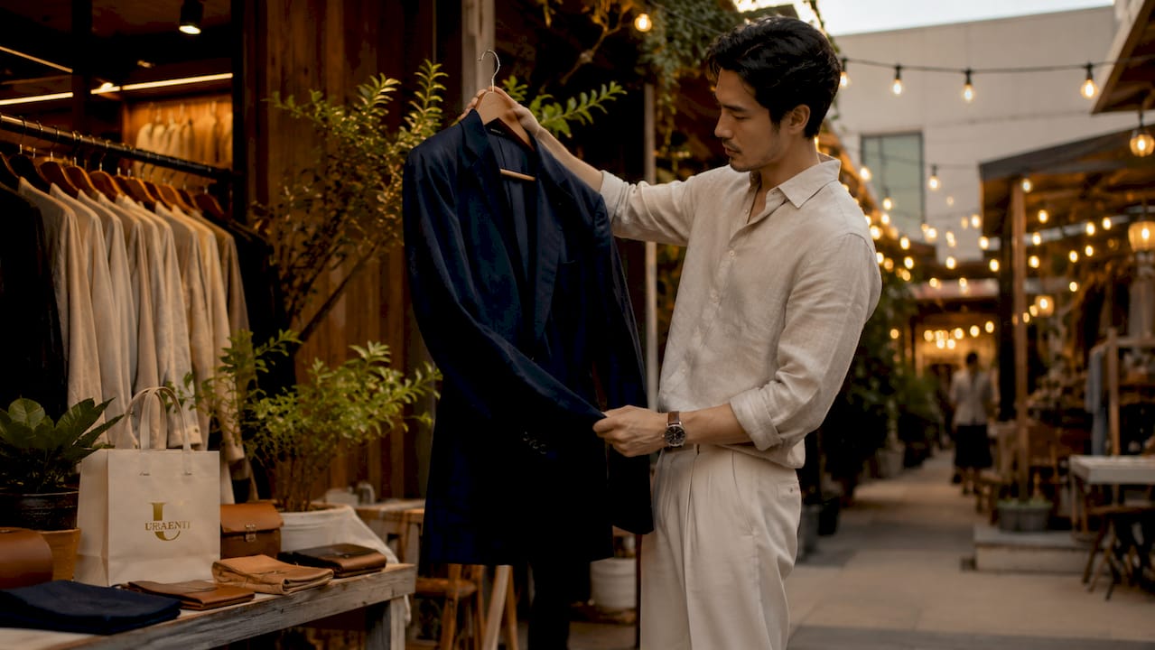 Man examining a designer blazer in boutique