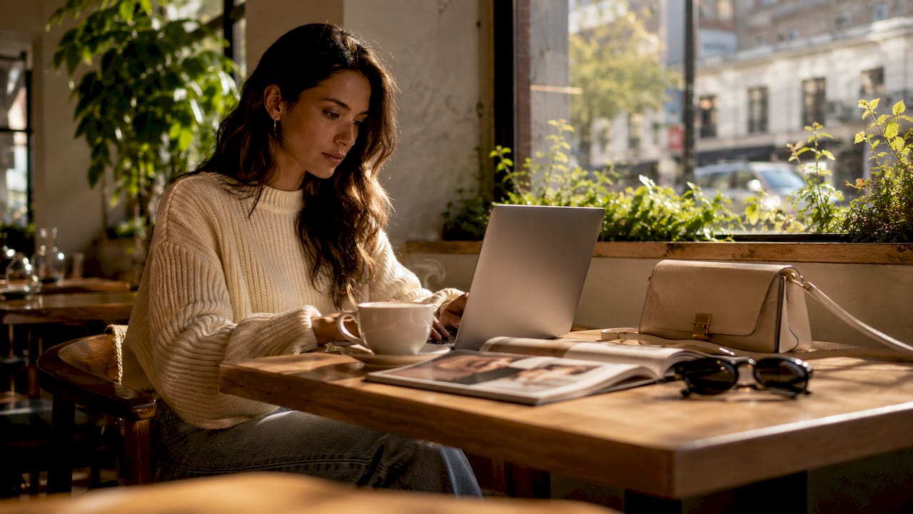 Woman browsing designer clothing online marketplaces