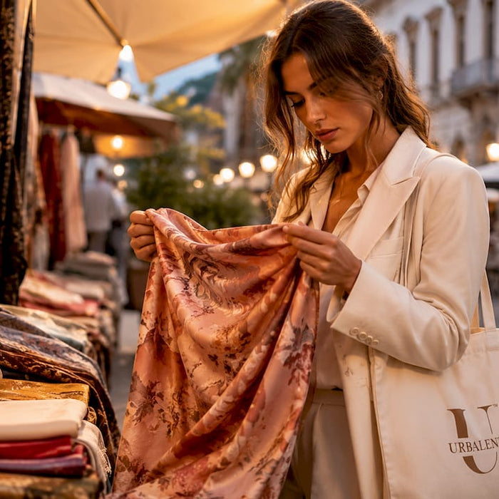 Shopper examining luxury dress inside Milan boutique