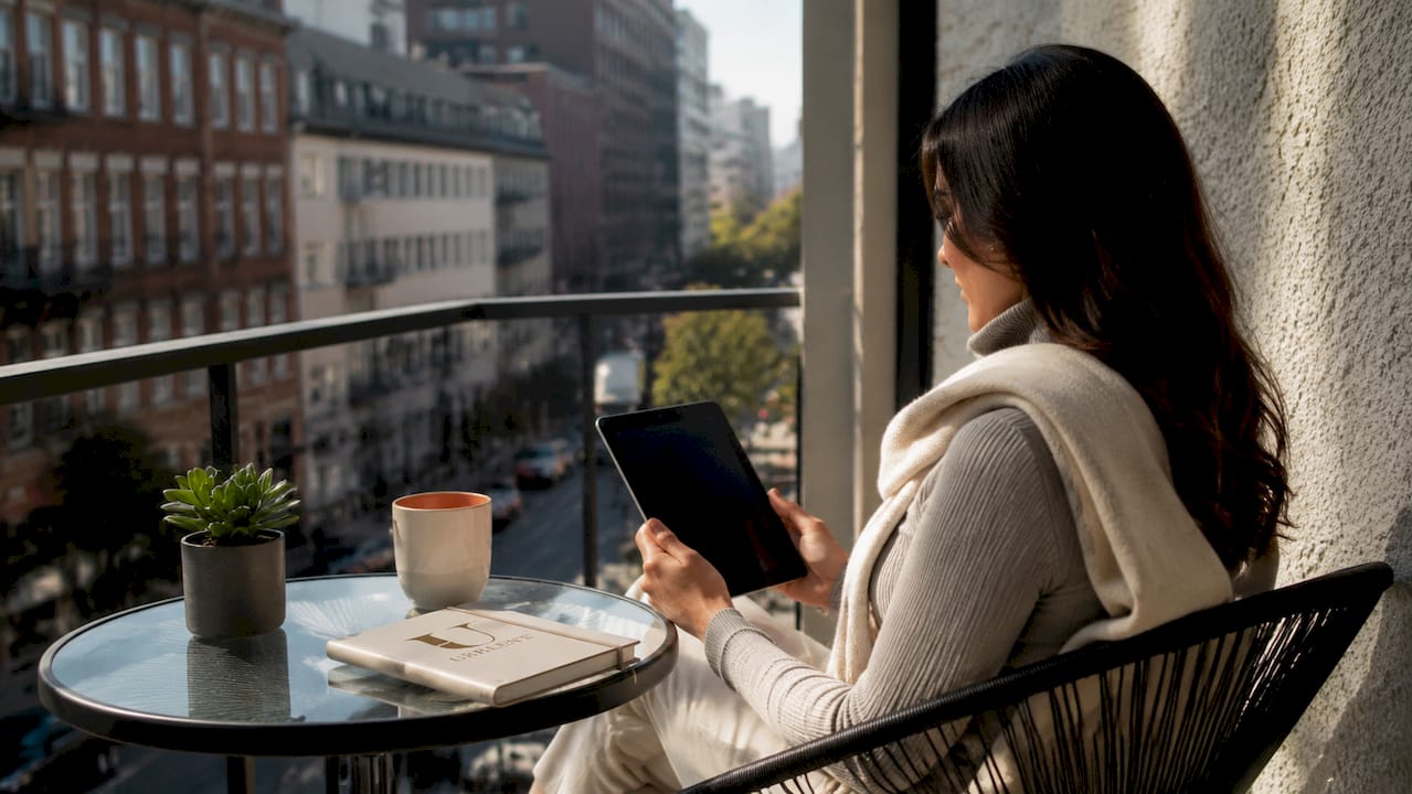 Woman browsing Italian designer shoes online tablet