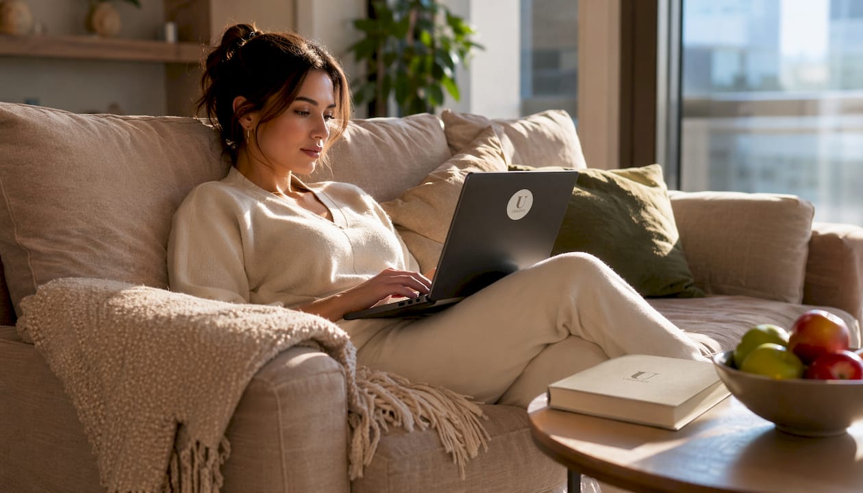 Woman browsing Valentino alternatives on laptop at home