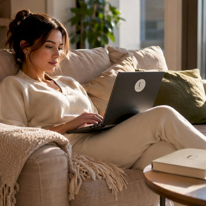 Woman browsing Valentino alternatives on laptop at home