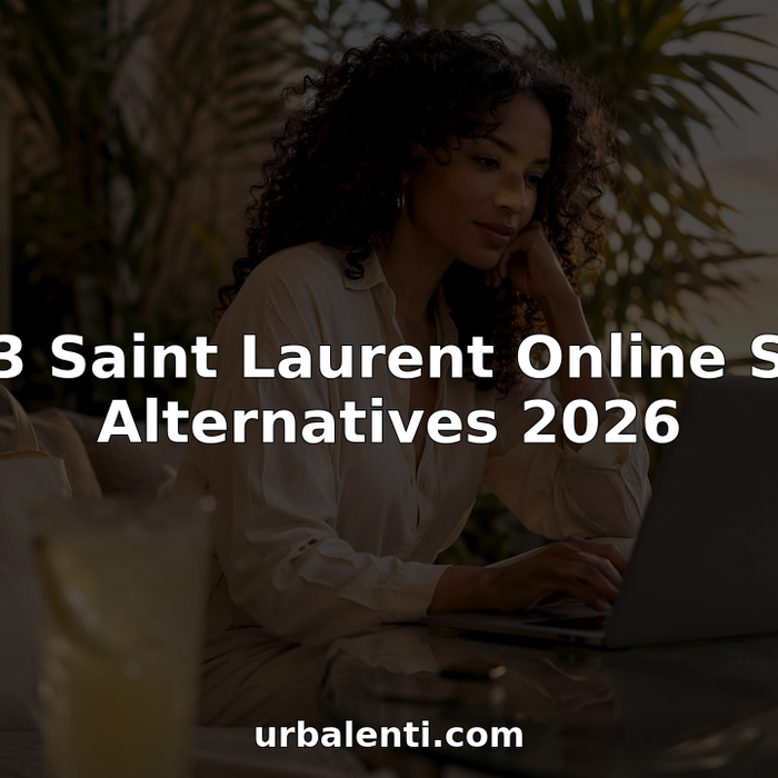 Woman browsing luxury fashion website on laptop in apartment