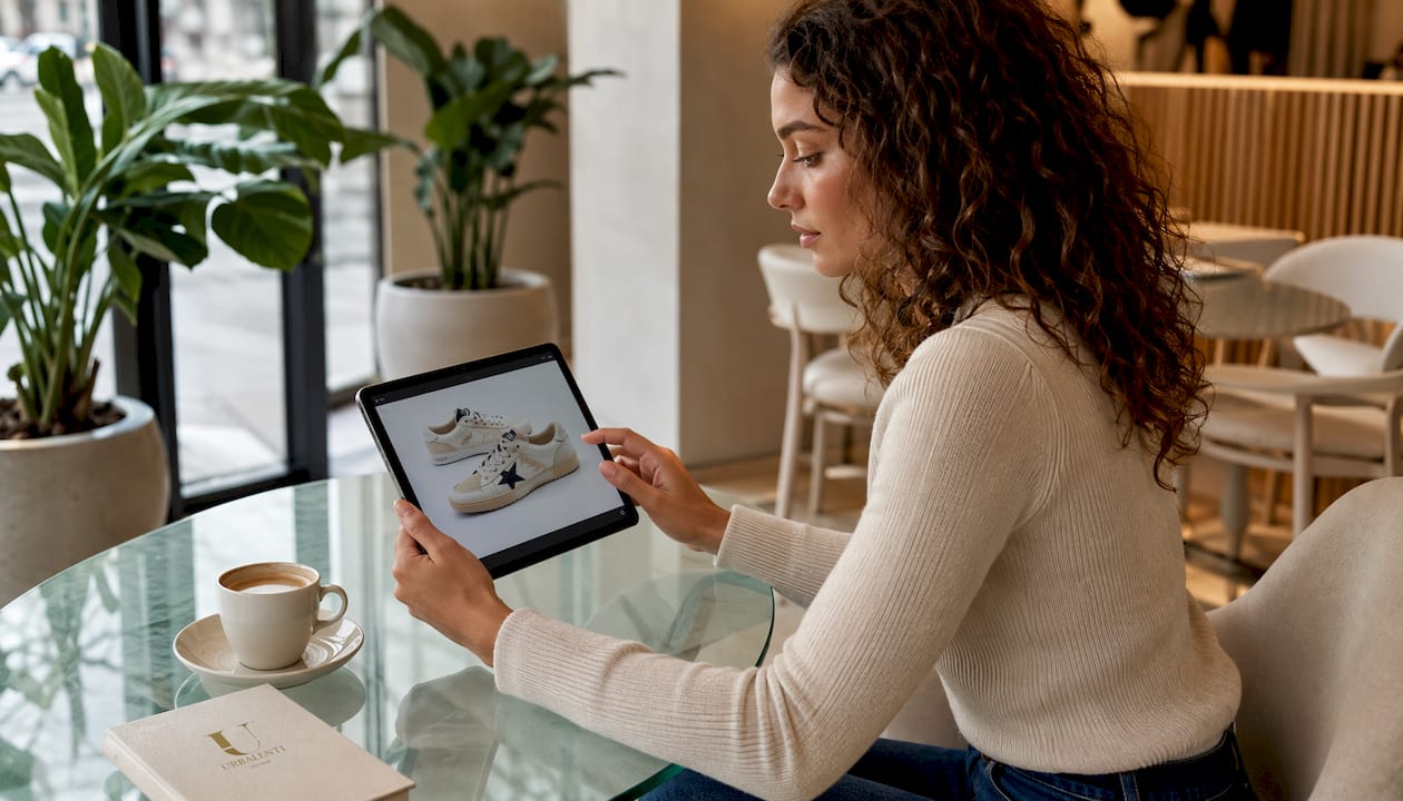 Woman browsing Golden Goose sneakers on tablet