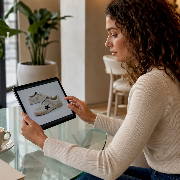 Woman browsing Golden Goose sneakers on tablet