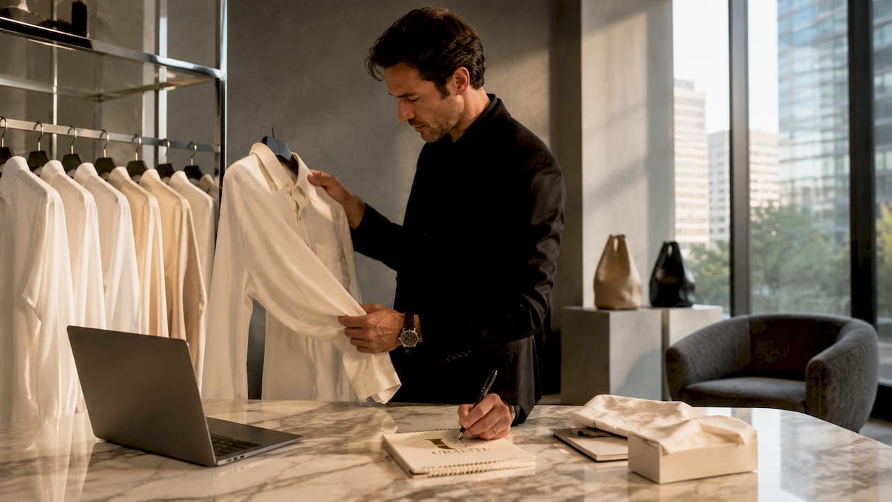 Stylist holding luxury designer shirt in boutique