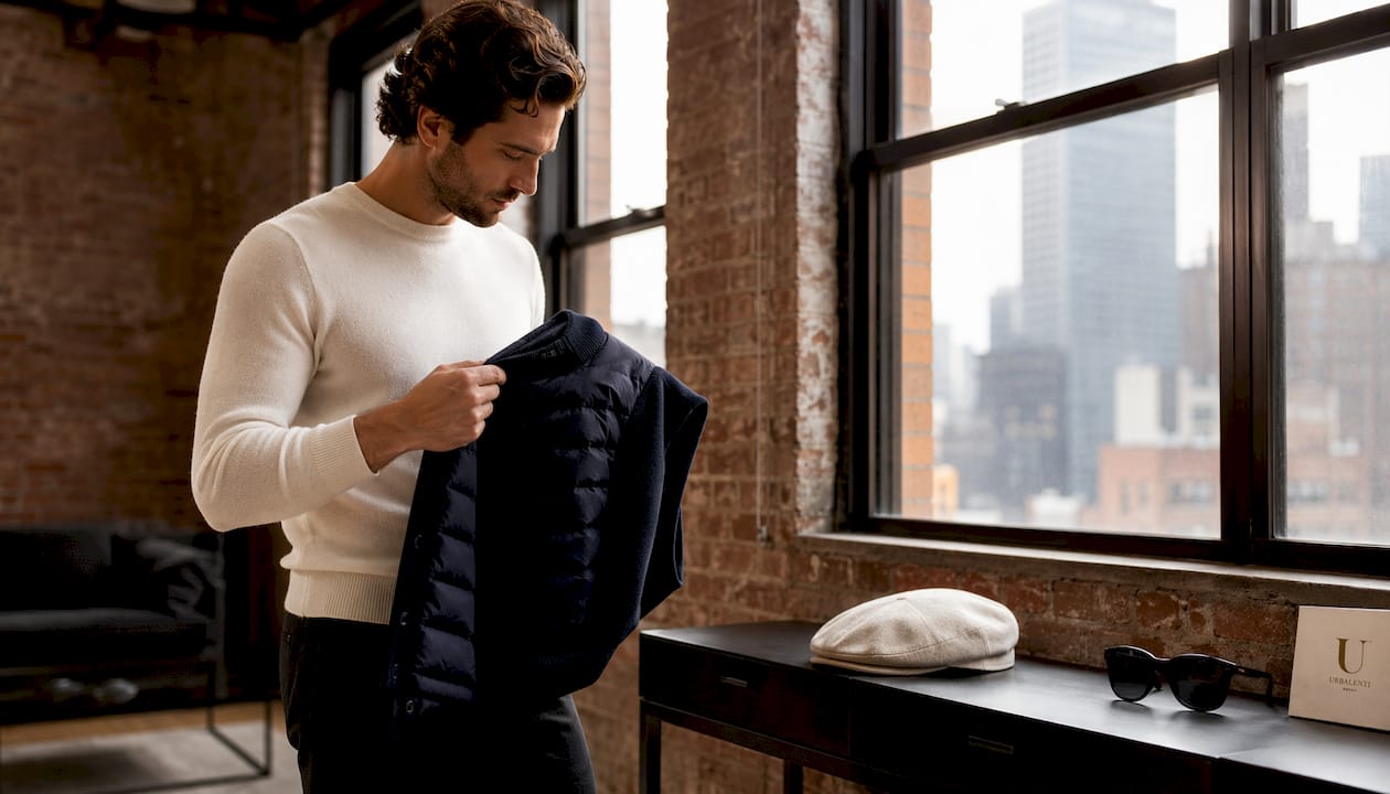 Man inspecting Moncler padded cardigan in studio