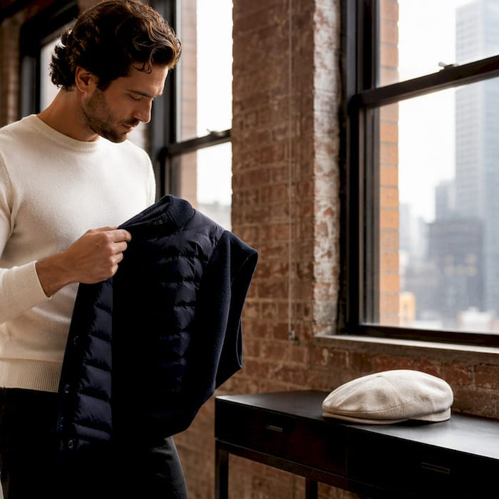 Man inspecting Moncler padded cardigan in studio