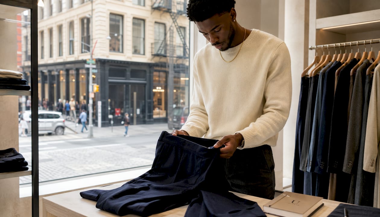 Man inspecting designer trousers in loft studio