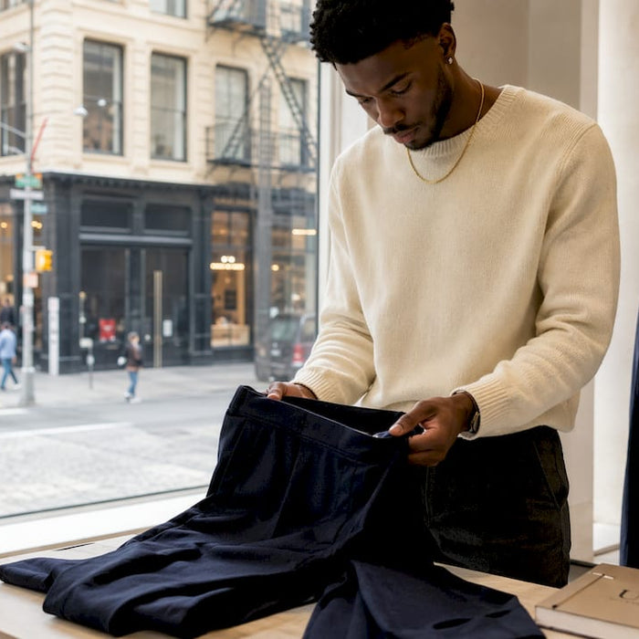 Man inspecting designer trousers in loft studio