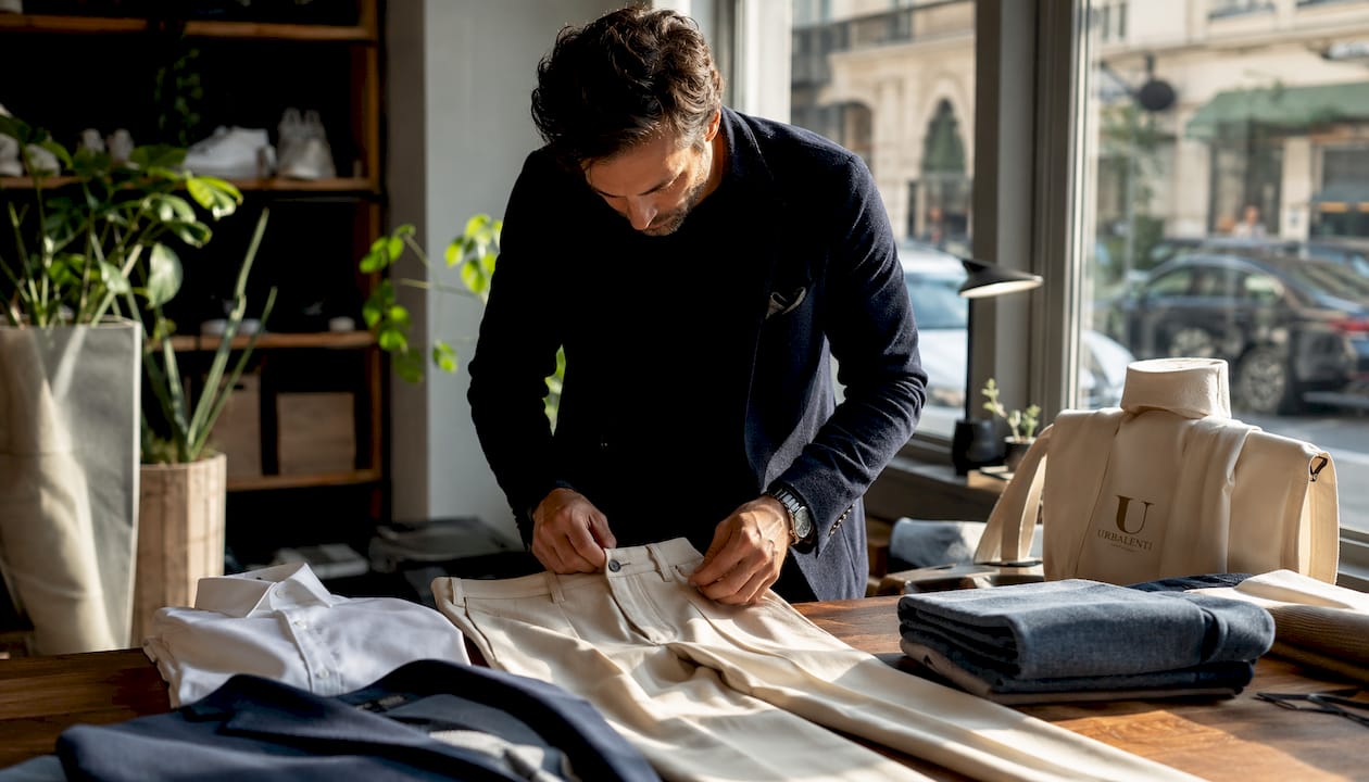 Consultant adjusting luxury trousers waistband