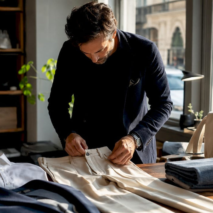 Consultant adjusting luxury trousers waistband
