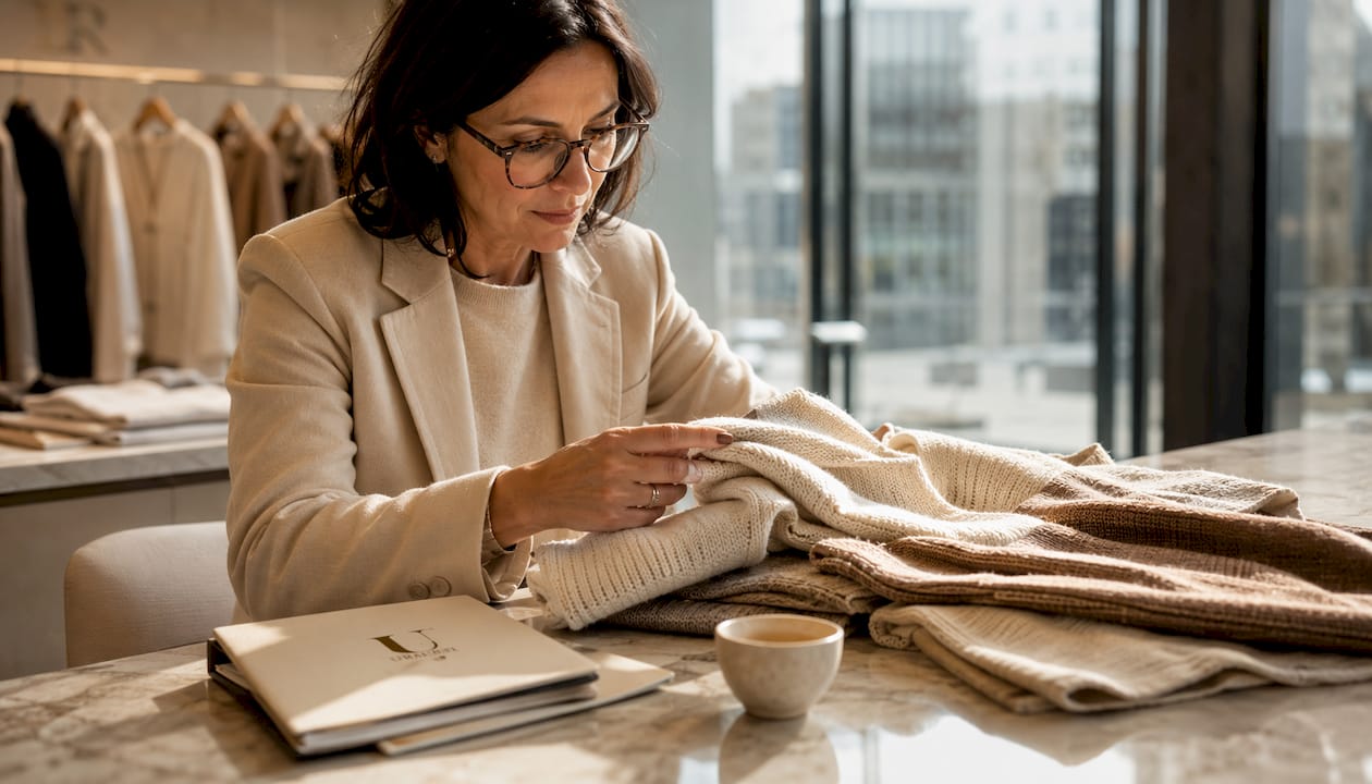 Buyer examining luxury knitwear fibers